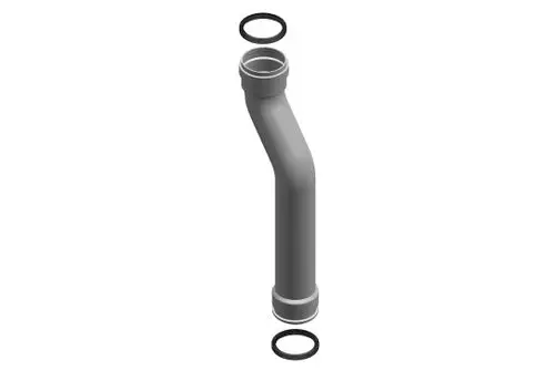 Graues Abgasrohr mit einem gebogenen Abschnitt, zwei Anschlüssen und zwei O-Ringen. Produkt von Bosch, geeignet für den Anschluss an ein Auspuffsystem.
